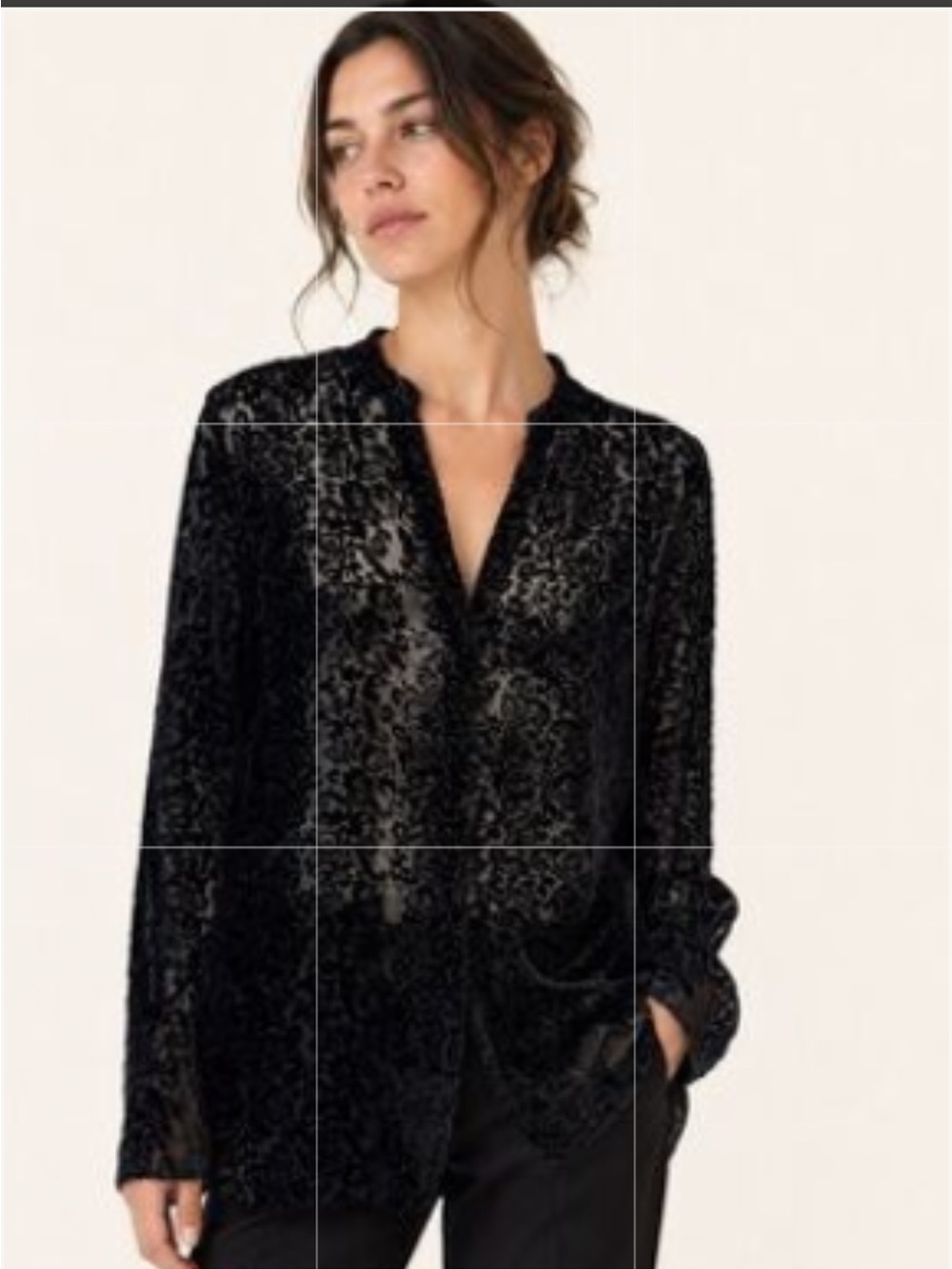 Alice + Olivia Black Burnout Velvet Long-Sleeve Sheer Blouse
